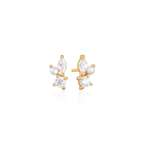 Sif Jakobs Adria Tre Piccolo Sterling Silver Yellow Gold Plated Cubic Zirconia & Freshwater Pearl Stud Earrings