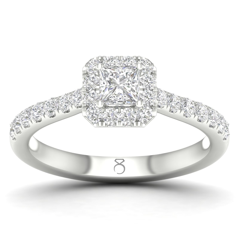 Main Image 1 of The Diamond Story 18ct White Gold Princess Halo 0.66ct Total Diamond Ring