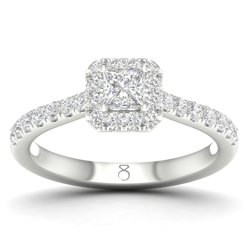 The Diamond Story 18ct White Gold Princess Halo 0.66ct Total Diamond Ring