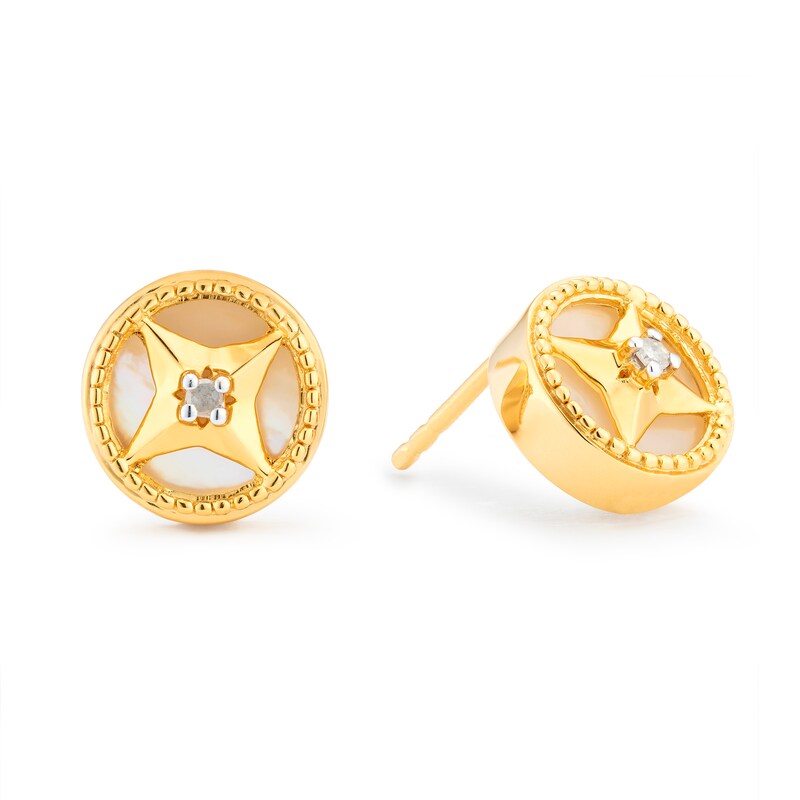 Main Image 1 of Sterling Silver & 18ct Gold Plated Vermeil Diamond & MOP Stud Earrings