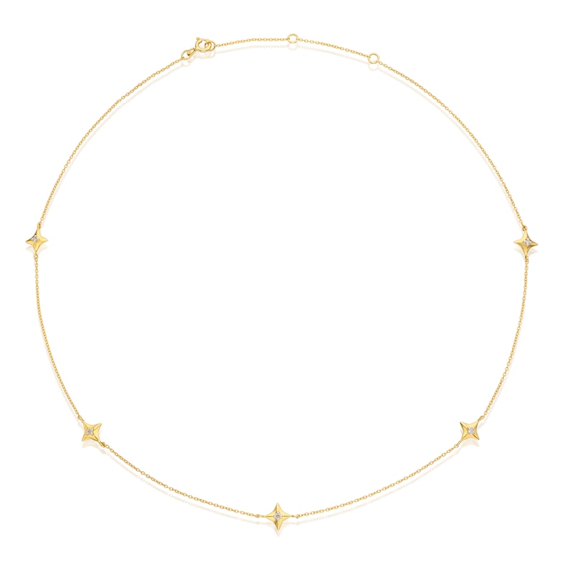 Main Image 1 of Sterling Silver & 18ct Gold Plated Vermeil Diamond Five Star Station Necklace