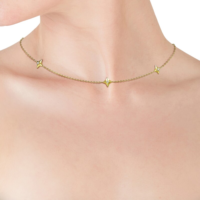 Sterling Silver & 18ct Gold Plated Vermeil Diamond Five Star Station Necklace