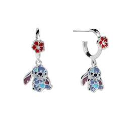 Disney Stitch Silver And Red Enamel Hanging Flower Earrings