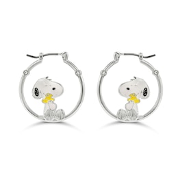 Peanuts Snoopy And Woodstock Silver Plated Enamel Hoop Earrings