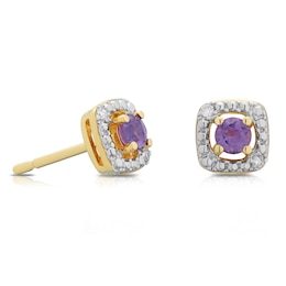 Sterling Silver & 18ct Gold Plated Vermeil Diamond & Amethyst Halo Earrings