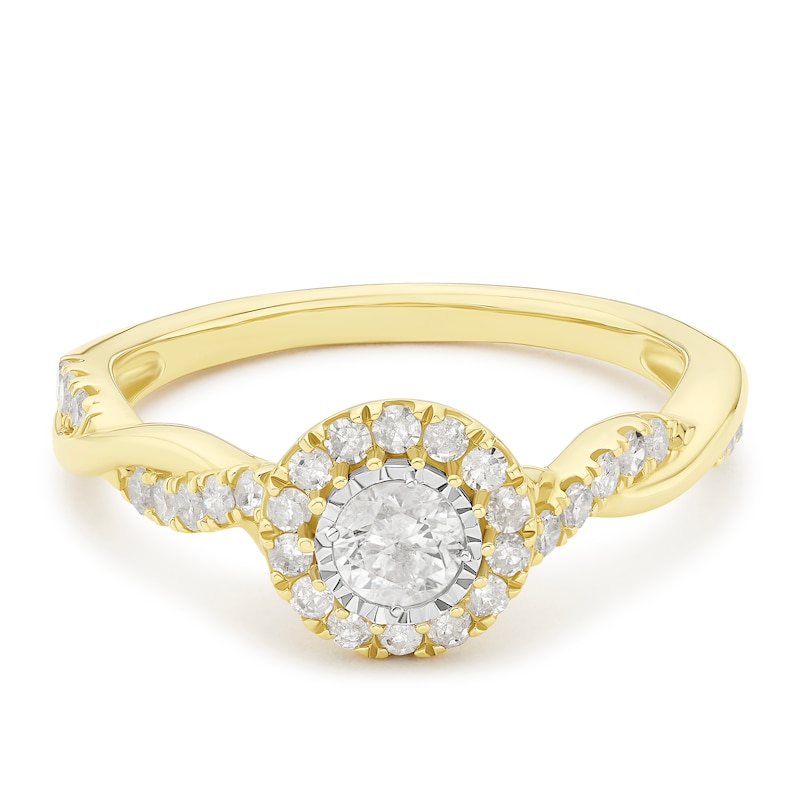 Main Image 1 of 9ct Yellow Gold Round Halo Twisted Shoulders 0.50ct Diamond Ring