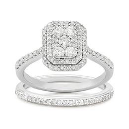 Perfect Fit Sterling Silver Emerald Cluster 0.66ct Diamond Bridal Set