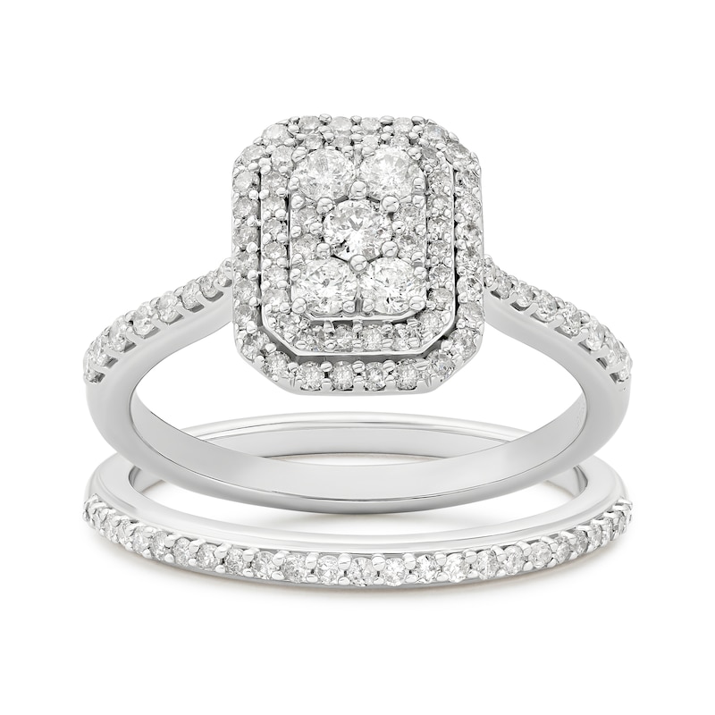 Main Image 1 of Perfect Fit Sterling Silver Emerald Cluster 0.66ct Diamond Bridal Set