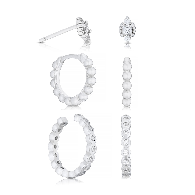 Main Image 1 of Sterling Silver Cubic Zirconia Cuff, Stud & Hoop Earring Set