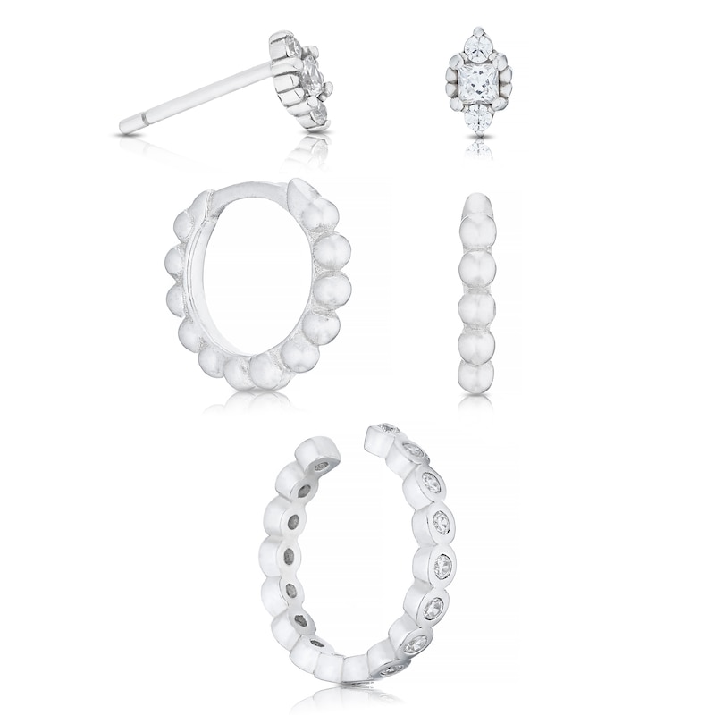 Main Image 3 of Sterling Silver Cubic Zirconia Cuff, Stud & Hoop Earring Set