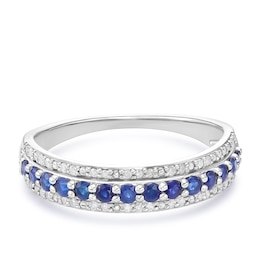 Sterling Silver Sapphire Triple Row Eternity 0.10ct Diamond Ring