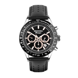 Sekonda Men's Dual Time Black Dial Black Leather Strap Watch