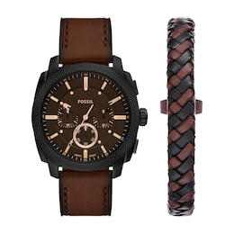 Fossil Machine Men's Chronograph Black Dial Brown Leather Strap Watch & Bracelet Set