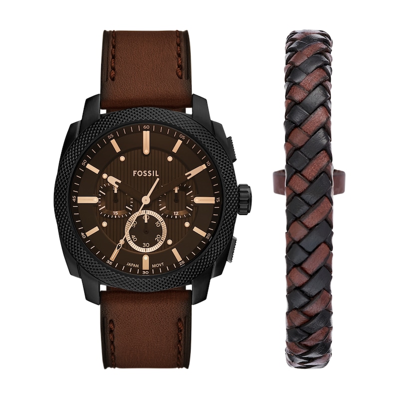 Main Image 1 of Fossil Machine Men's Chronograph Black Dial Brown Leather Strap Watch & Bracelet Set