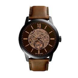 Fossil Townsman Men's Automatic Black Skeleton Dial Brown Leather Strap Watch