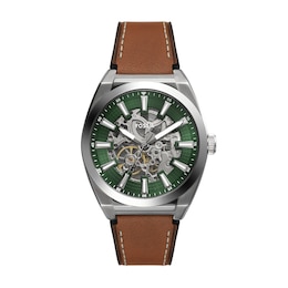 Fossil Everett Men's Automatic Green Skeleton Dial Brown Leather Strap Watch