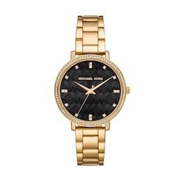 Michael Kors Women's Pyper Black Dial Three-Hand Gold-Tone Stainless Steel Bracelet Watch