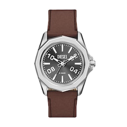 Diesel Men's Stinger Grey Dial Three-Hand Brown Leather Strap Watch
