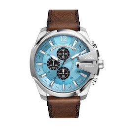 Diesel Mega Chief Men's Blue Dial Brown Leather Strap Watch