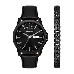 Armani Exchange Three-Hand Day-Date Black Leather Watch and Black Stainless Steel Bracelet Set