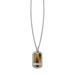 Guess Men's Brown Tiger's Eye Tag Silver Tone 23 Inch Necklace