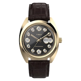 Timex 1976 Rotary Phone Dial Reissue Men's 37mm Black Dial Brown Leather Strap Watch