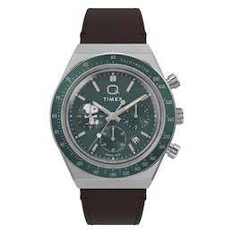 Timex Q Chronograph x Peanuts Snoopy 40mm Green Dial Brown Leather Strap Watch