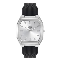 adidas Originals City Tech Square Silver Tone Dial Black Silicone Strap Watch