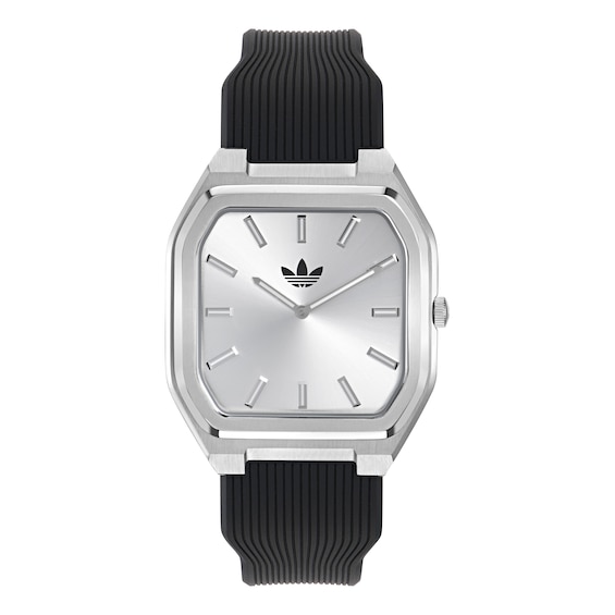 adidas Originals City Tech Square Silver Tone Dial Black Silicone Strap Watch