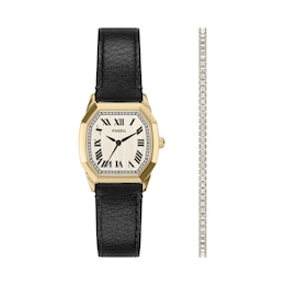 Fossil Harlow Women's Cream Dial Black Leather Strap Watch & Bracelet Set