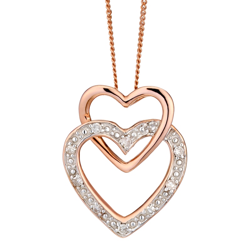 Main Image 1 of 9ct Rose Gold Diamond Set Double Heart Pendant