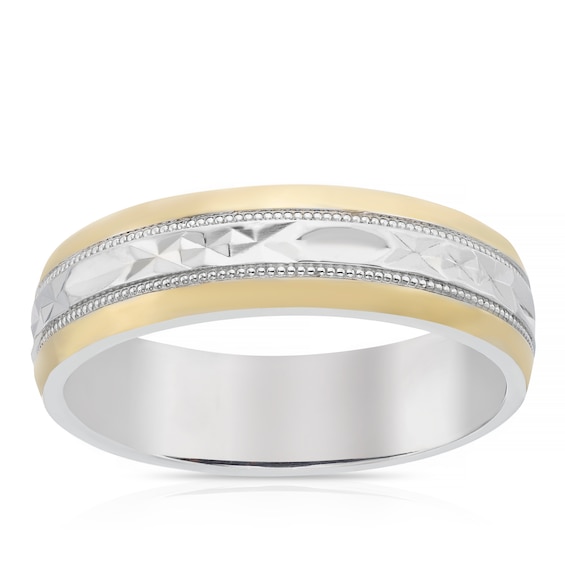 Men's Sterling Silver & 9ct Yellow Gold 6mm Patterned Wedding Ring