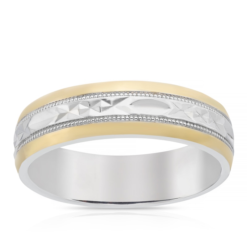 Main Image 1 of Men's Sterling Silver & 9ct Yellow Gold 6mm Patterned Wedding Ring