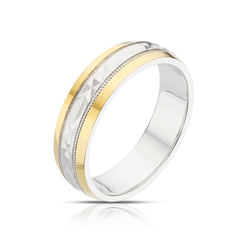 Main Image 2 of Men's Sterling Silver & 9ct Yellow Gold 6mm Patterned Wedding Ring