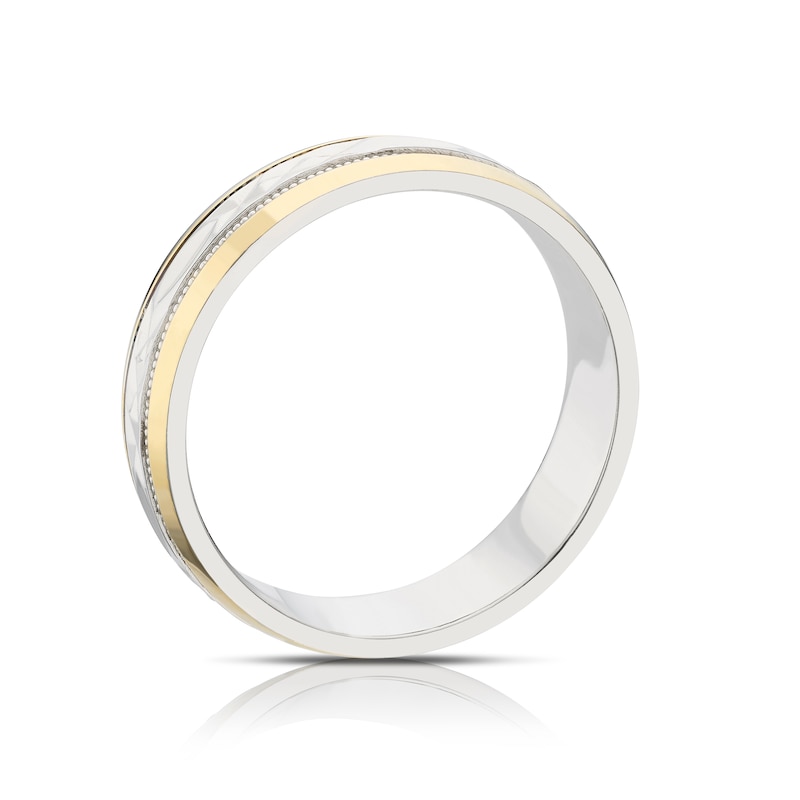 Main Image 3 of Men's Sterling Silver & 9ct Yellow Gold 6mm Patterned Wedding Ring