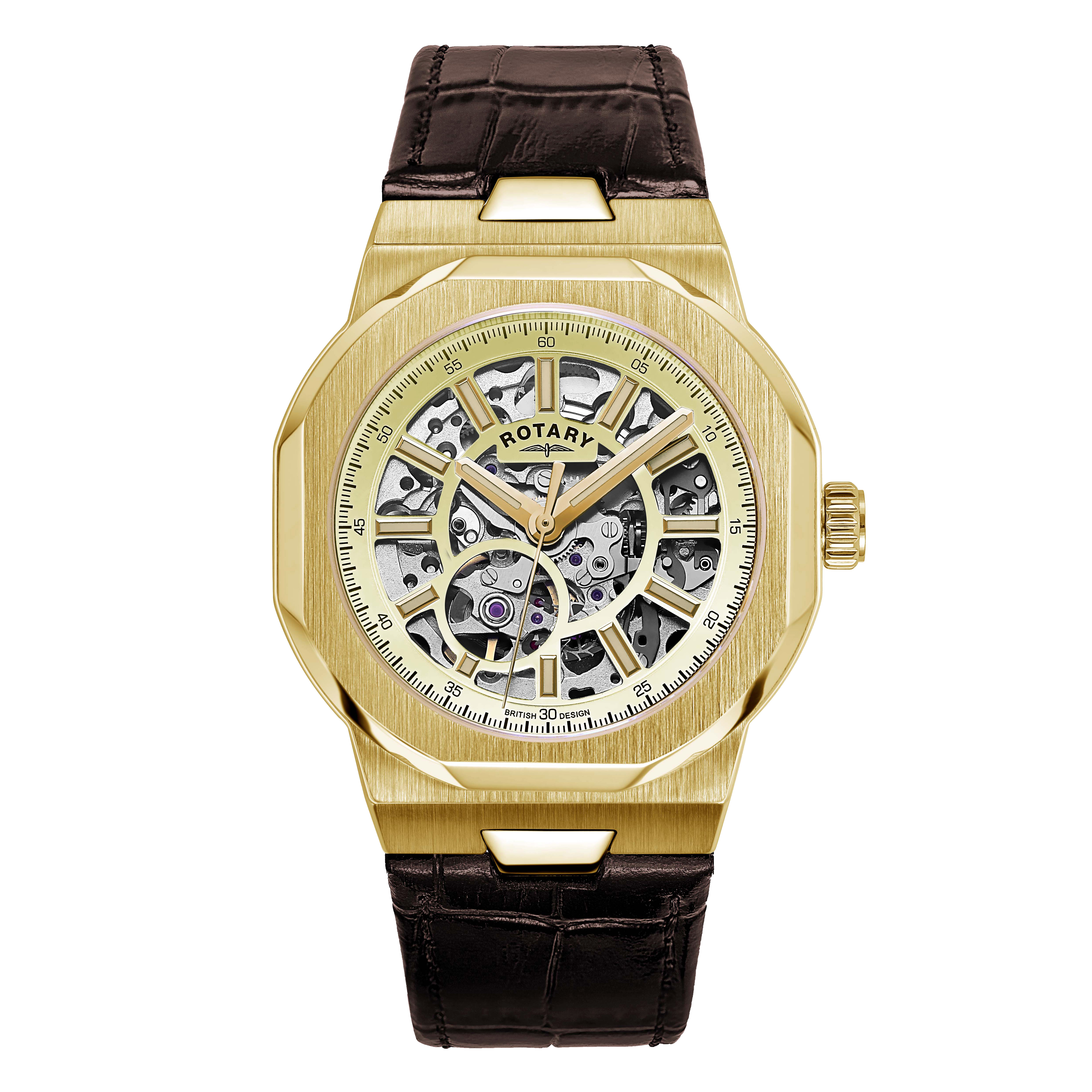 Rotary Regent Skeleton Men's Brown Leather Strap Watch
