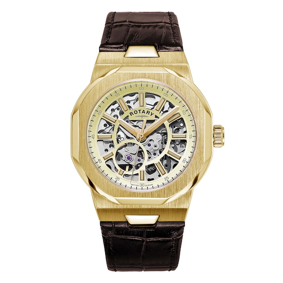 Rotary Regent Skeleton Mens Brown Leather Strap Watch