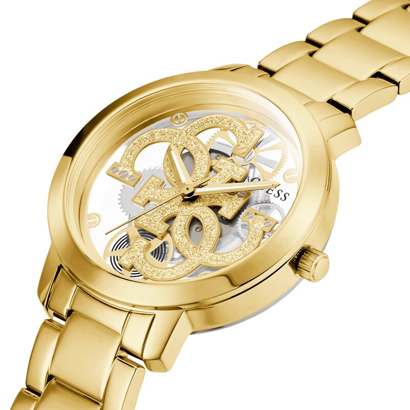 Guess Ladies’ Sparkle Logo Dial Gold Tone Stainless Steel Bracelet Watch