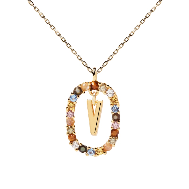 Main Image 1 of PDPAOLA  18ct Gold Plated Gemstones Initial V Pendant