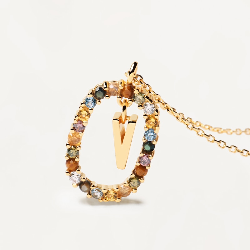 Main Image 3 of PDPAOLA  18ct Gold Plated Gemstones Initial V Pendant
