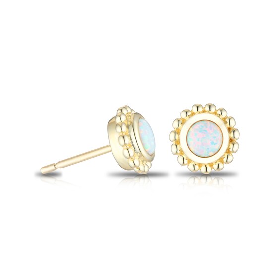 9ct Yellow Gold Created Opal Birthstone Stud Earrings