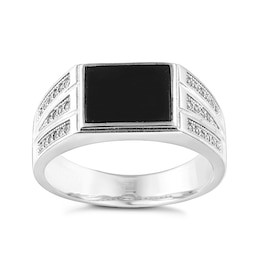 Sterling Silver Onyx & Cubic Zirconia Signet Ring
