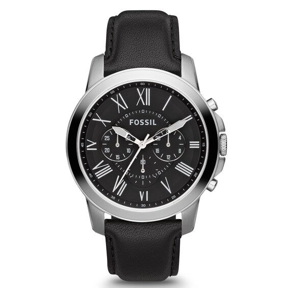 Fossil Men's Silver Tone Black Leather Strap Watch