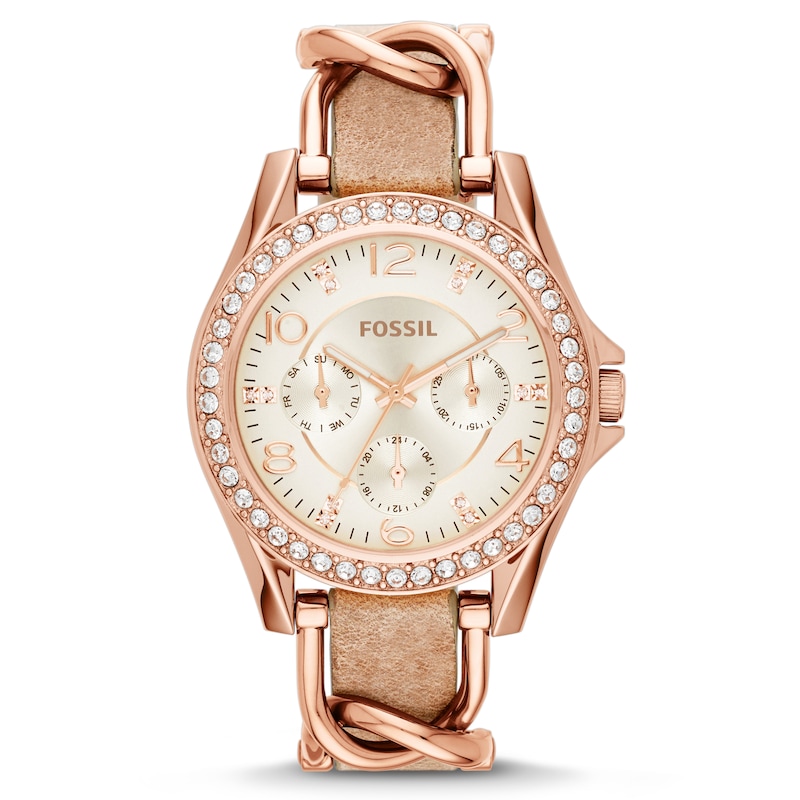 Fossil Ladies' Rose Gold Tone Leather Strap Watch