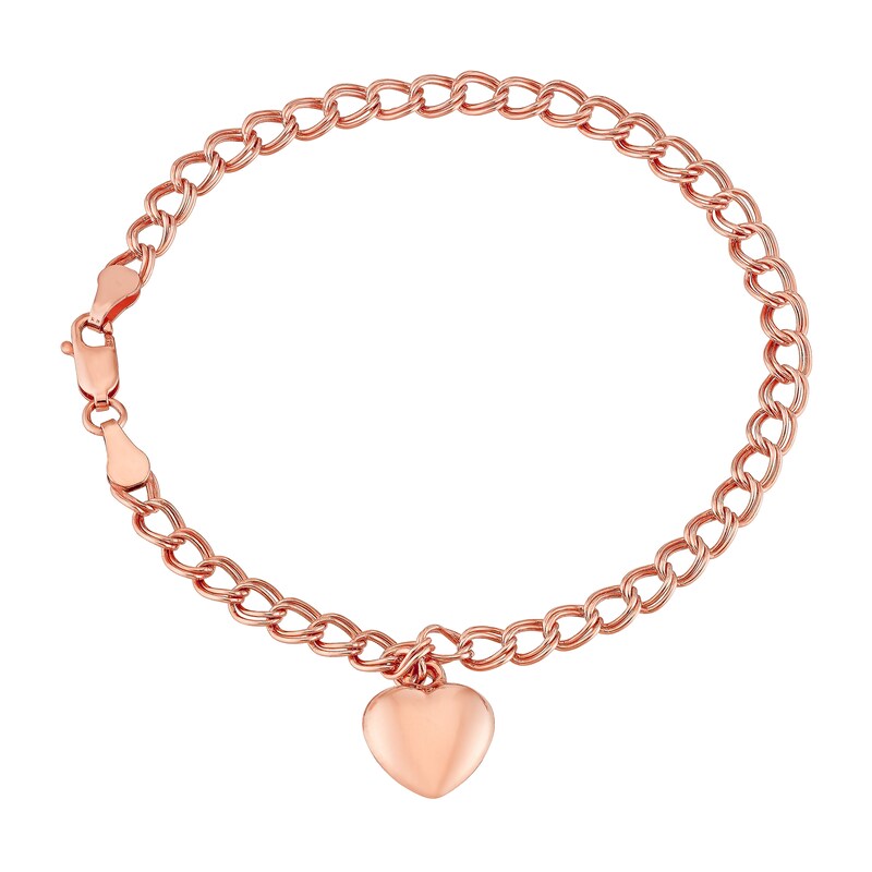 9ct Rose Gold Double Curb Chain Heart Charm Bracelet H.Samuel