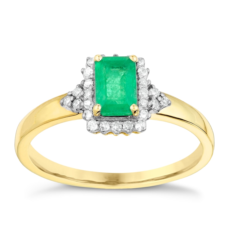 Main Image 1 of 9ct Yellow Gold Emerald & 0.10ct Diamond Ring