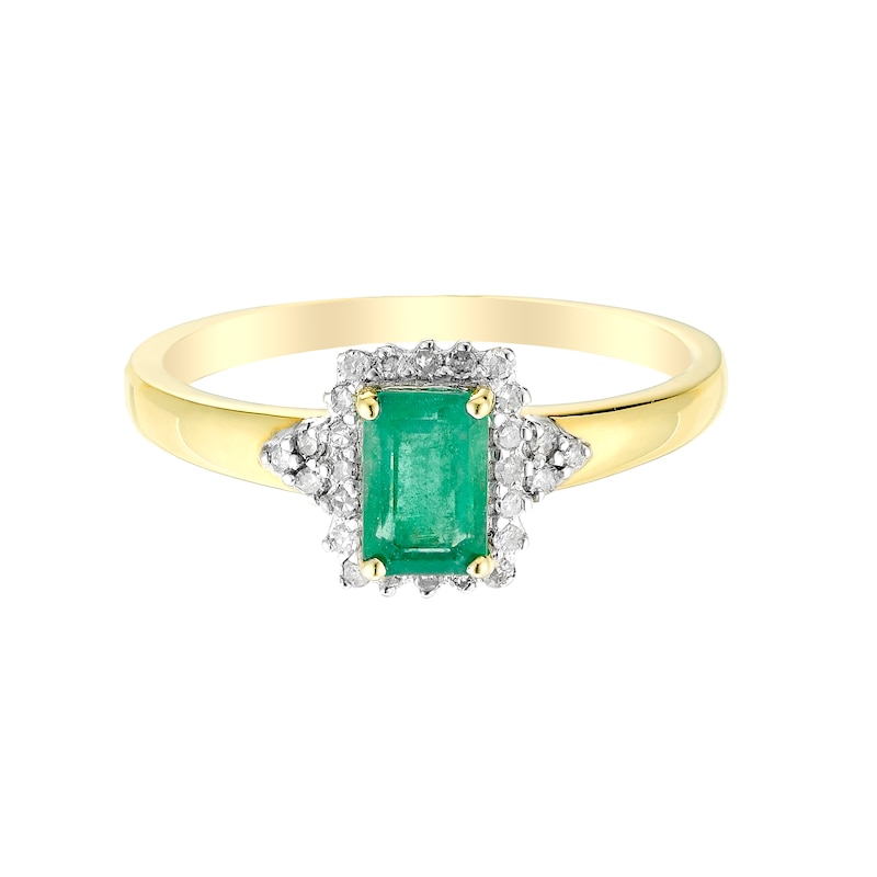 Main Image 2 of 9ct Yellow Gold Emerald & 0.10ct Diamond Ring