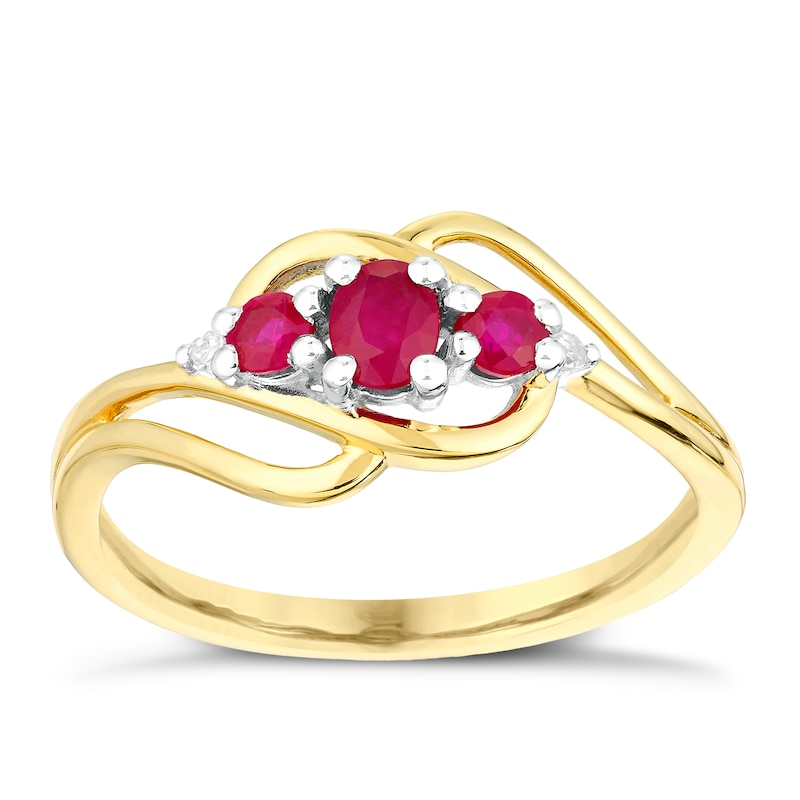 9ct Yellow Gold Three Stone Ruby & Diamond Ring