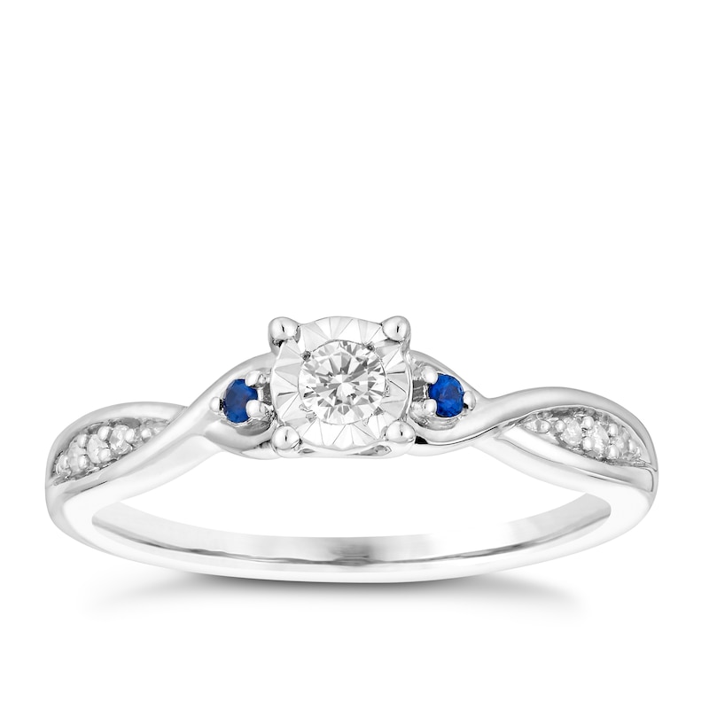 Main Image 1 of 9ct White Gold 0.10ct Total Diamond & Sapphire Ring