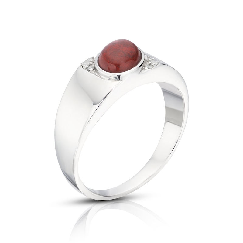 Main Image 2 of Men's Sterling Silver 0.03ct Diamond & Red Jasper Signet Ring